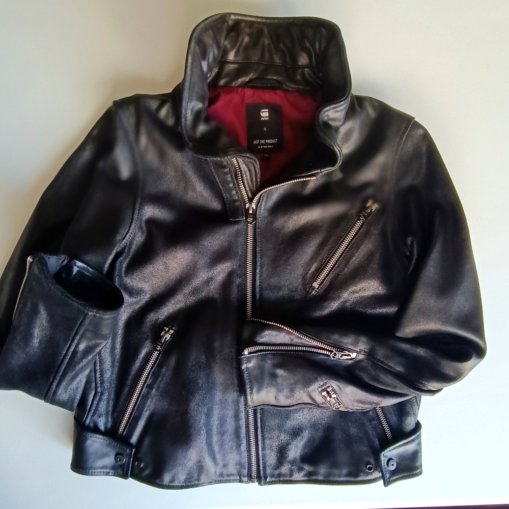 G-Star Black Leather Jacket with Red Lining